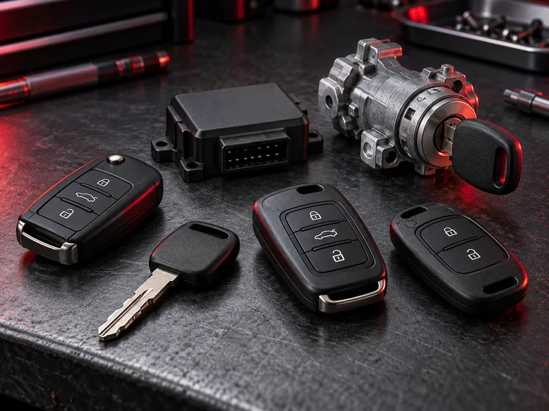 Illustrative key, immobiliser and lockset category artwork; not an exact vehicle key or lockset